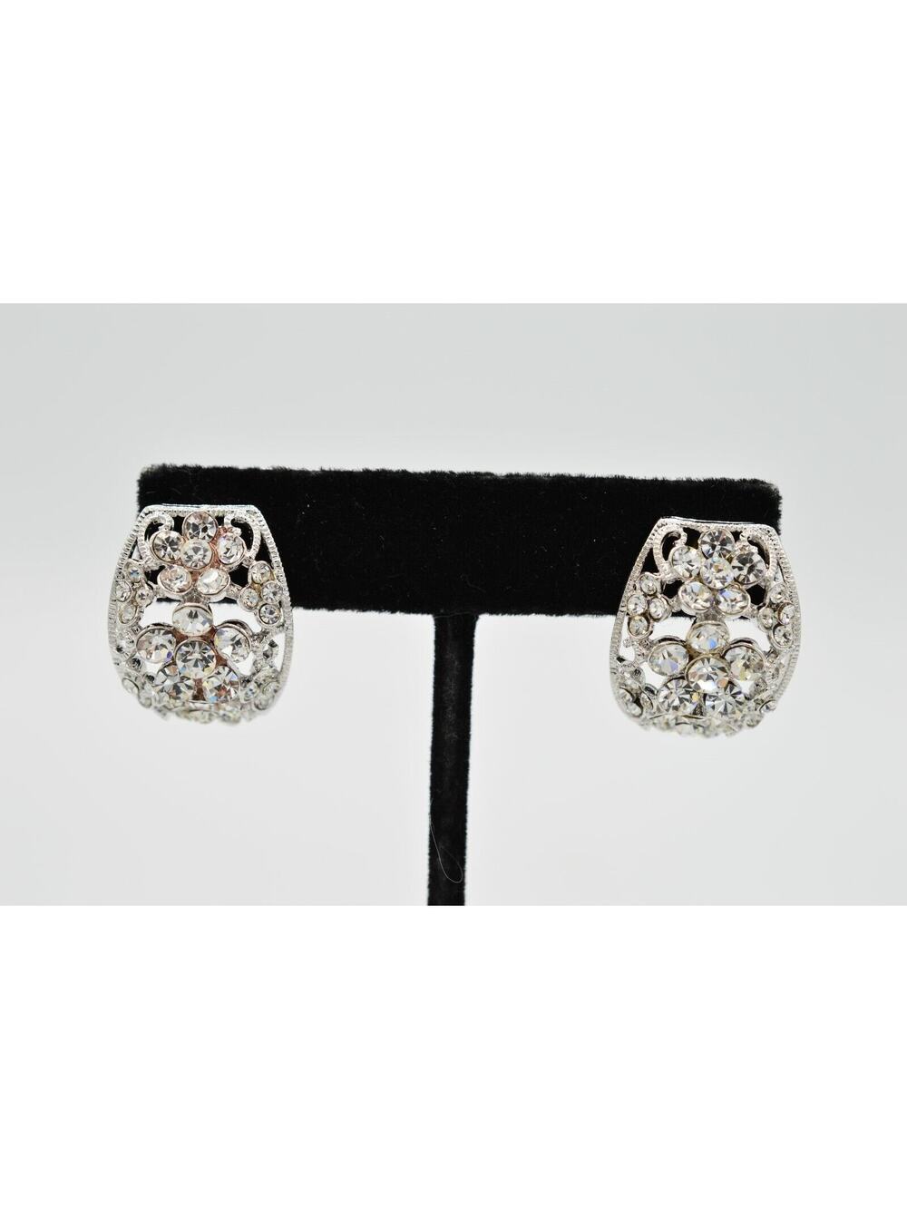 JHS Vintage Flower Rhinestone Crystal Earrings Floral Silver Signed 1990s BinU